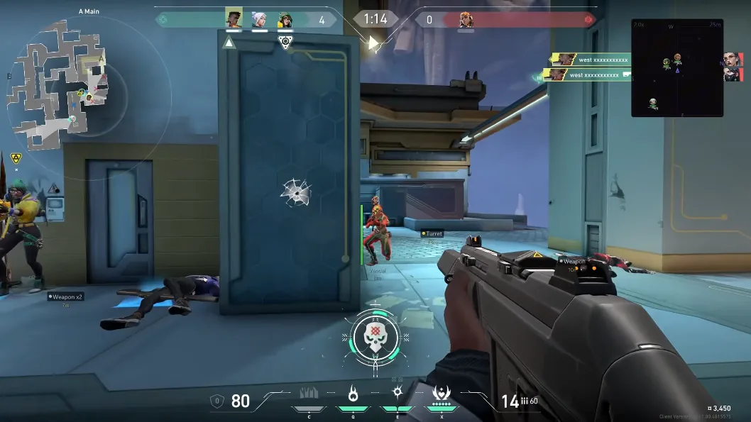 Valorant box ESP and aimbot target line through doorway with Vandal 8m tag