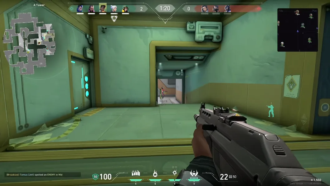 Valorant player glow wallhack through wall with Killjoy 22m distance ESP